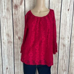 Studio JPR Red Layered Blouse w/Floral Knitted Overlay Small